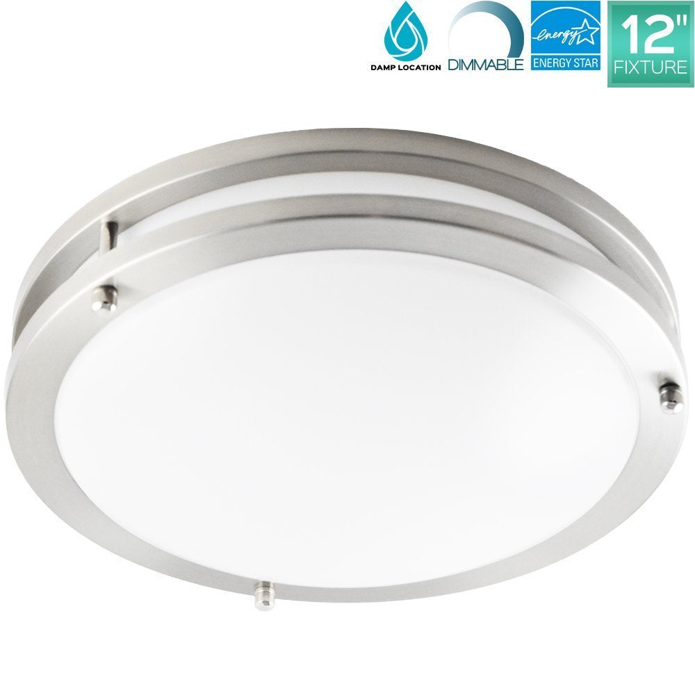LEDQuant 12 Inch LED Flush Mount Ceiling Light 20W 3000K Soft White 1350 Lumens ENERGY STAR Dimmable Brushed Nickel Finish Damp Rated UL Listed